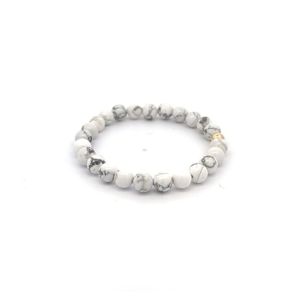 Natural White Howlite Gemstones 6mm Stretchable Bracelet 18k Gold Bead Charm - Picture 4 of 5
